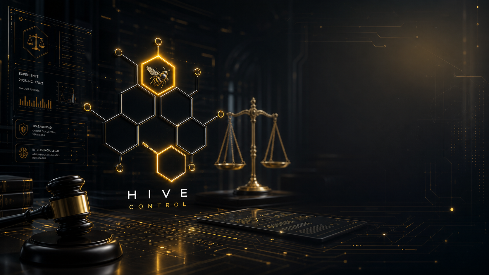 Hive Control — Sistema de gestión legal con trazabilidad forense, inteligencia legal y panel digital sobre escritorio jurídico